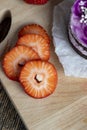 Ripe red strawberries lying on a wooden tray Royalty Free Stock Photo