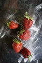 Ripe, red strawberries with powered icing sugar on a dark background . Top view with copy space