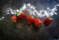 Ripe, red strawberries with powered icing sugar on a dark background . Top view with copy space