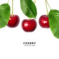 Ripe red sweet cherry isolated on white background. Macro photo close up. Three cherries with green leaves on white Royalty Free Stock Photo