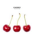 Ripe red sweet cherry isolated on white background. Macro photo close up. Three cherries on white background. Banner Royalty Free Stock Photo