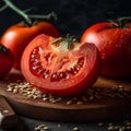 a ripe red tomato in the center of a wooden cutting board