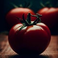 Ripe red tomatoes on a dark wooden background, summer freshness, organic vegetable, generative ai