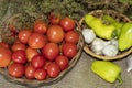 Ripe red tomatoes, peppers and garlic Royalty Free Stock Photo