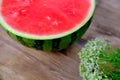 Ripe red watermelon, cut in half, home cooking concept, white wildflowers, wooden table, texture of natural background, delicious