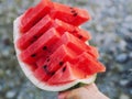 Ripe red watermelon neatly sliced into triangular slices in hand on blurred background