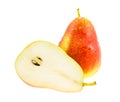 Ripe red and yellow pear and pear half. Royalty Free Stock Photo