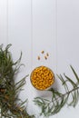 Ripe sea buckthorn berries in a glass bowl with several branches