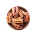 Ripe shelled pecan nuts in bowl on white background Royalty Free Stock Photo