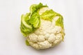 Ripe single cauliflower. Fresh whole head of cabbage, green leaves.  on white background Royalty Free Stock Photo