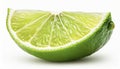 Ripe slice of green lime citrus fruit stand isolated on white background