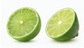 Ripe slice of green lime citrus fruit stand isolated on white background