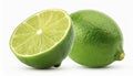 Ripe slice of green lime citrus fruit stand isolated on white background