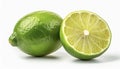 Ripe slice of green lime citrus fruit stand isolated on white background