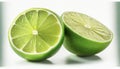 Ripe slice of green lime citrus fruit stand isolated on white background