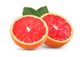Ripe slice of pink grapefruit citrus fruit with leaf isolated on white background Royalty Free Stock Photo