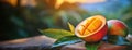 Ripe, sliced mango on a leaf with another whole fruit beside it with natural garden backdrop. Juicy, tropical fruit cut Royalty Free Stock Photo