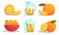 Ripe Sliced Oranges and Jug of Fresh Juice Set Vector Illustration