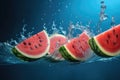 Ripe sliced watermelon pieces in water with drops on a blue background. Generative AI Royalty Free Stock Photo