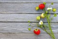 Ripe strawberries on blooming twig on wooden background Royalty Free Stock Photo