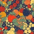 ripe strawberries and blueberries on a bright yellow background.