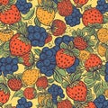 ripe strawberries and blueberries on a bright yellow background.