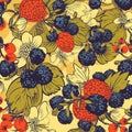 ripe strawberries and blueberries on a bright yellow background.