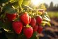 Ripe strawberries on a branch in a strawberry field at sunset