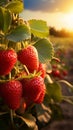 Ripe strawberries on a branch in a strawberry field at sunset