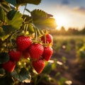 Ripe strawberries on a branch in a strawberry field at sunset