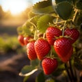 Ripe strawberries on a branch in a strawberry field at sunset