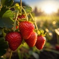 Ripe strawberries on a branch in a strawberry field at sunset