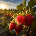 Ripe strawberries on a branch in a strawberry field at sunset