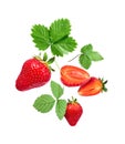 Ripe strawberries with green leaves closeup, isolated on a white background Royalty Free Stock Photo