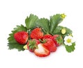 Ripe strawberries with leaves, fresh and clean from the deliciously sweet garden on white background