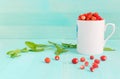 Ripe strawberries with plant leaves on blue wooden background, strawberries in white old mug, healthy food concept