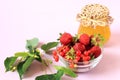 Ripe strawberries and red currants in a glass cup, a jar of jam, a linden branch on a white background, side view, a place for Royalty Free Stock Photo