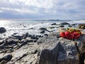 Ripe strawberries on top of a rock near the sea