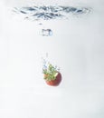 Ripe strawberry being dropped into a pool of water. Royalty Free Stock Photo