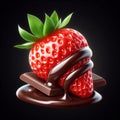 Ripe strawberry covered with melted chocolate isolated on dark background. AI generated Royalty Free Stock Photo