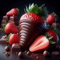 Ripe strawberry covered with melted chocolate isolated on dark background. AI generated Royalty Free Stock Photo