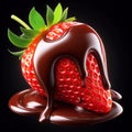 Ripe strawberry covered with melted chocolate isolated on dark background. AI generated Royalty Free Stock Photo