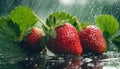 Ripe strawberry fruit in summer shower rain