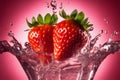 a ripe strawberry, its surface adorned with glistening water droplets in fantasy image