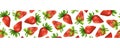 Ripe strawberry seamless watercolor border. Red sweet berry with leaves isolated on white background. Hand drawn Royalty Free Stock Photo
