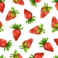 Ripe strawberry seamless watercolor pattern. Red sweet berry with leaves isolated on white background. Hand drawn Royalty Free Stock Photo