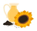 Ripe Sunflower and Jug with Oil as Seasonal Harvesting and Yield Vector Illustration