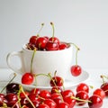 Ripe sweet cherries in a white cup on wooden background, tasty and healthy dessert Royalty Free Stock Photo