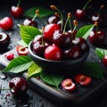 A ripe sweet cherry berry with vibrant red hues nestled among glossy green leaves