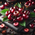 A ripe sweet cherry berry with vibrant red hues nestled among glossy green leaves